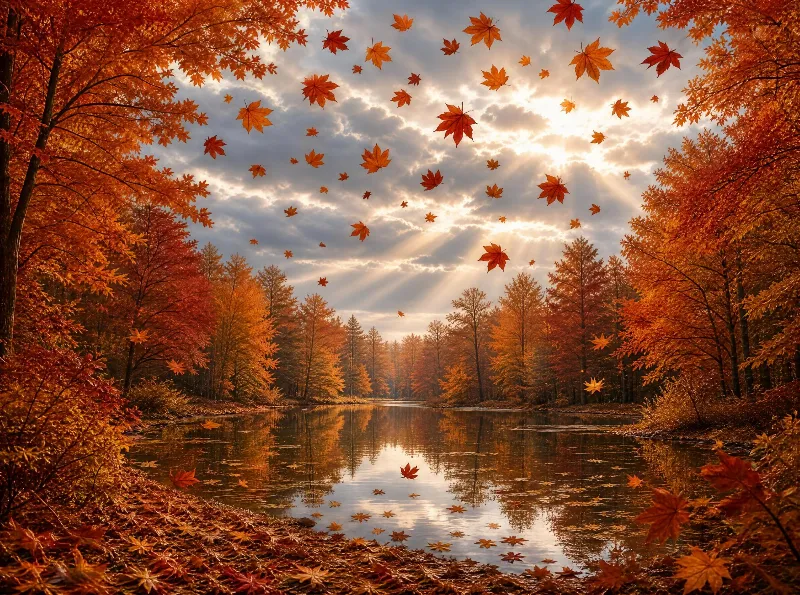 Autumn Lake with Falling Leaves