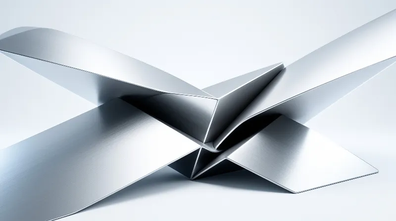 A twisted piece of brushed metal sits against a plain white backdrop with soft shadows defining its sharp geometric folds.
