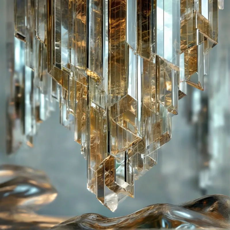 Vertical strips of golden translucent material hang suspended above a rippled, liquid-looking base with soft lighting.