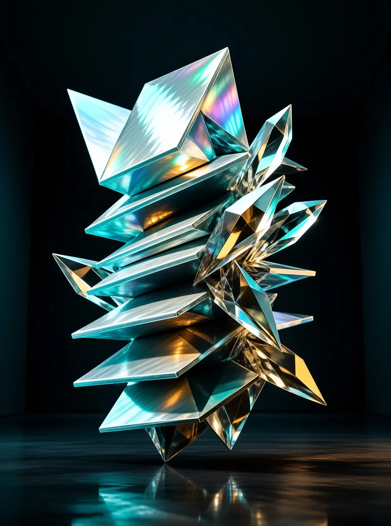 A complex geometric sculpture made of sharp shards reflects teal and gold light against a deep black background.