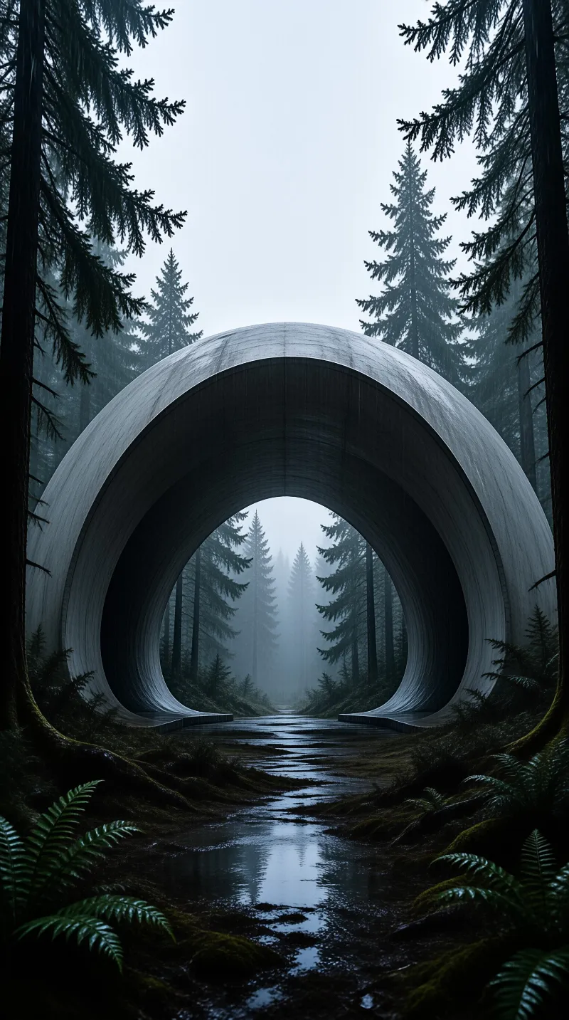A massive curved concrete archway frames a foggy coniferous forest with a wet reflective path leading into the distance.
