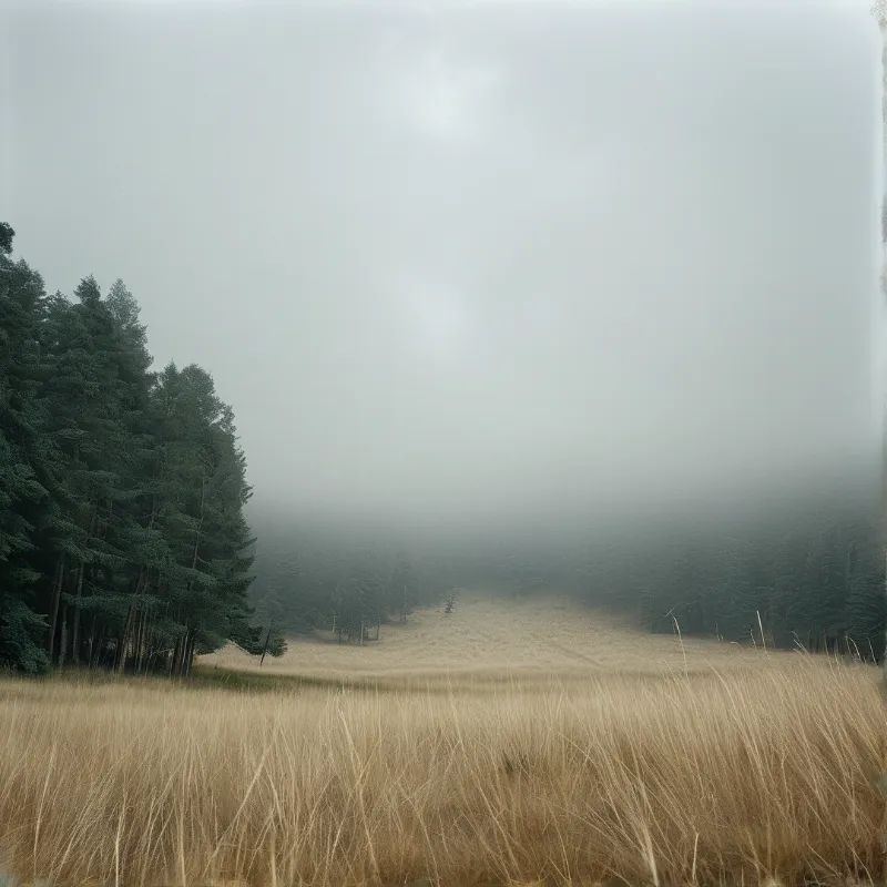 Tall golden grass covers a sloping meadow while heavy fog obscures the surrounding dark pine trees.