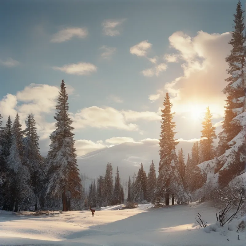 A lone deer stands on a snowy path surrounded by tall evergreen trees under a bright sun breaking through clouds.