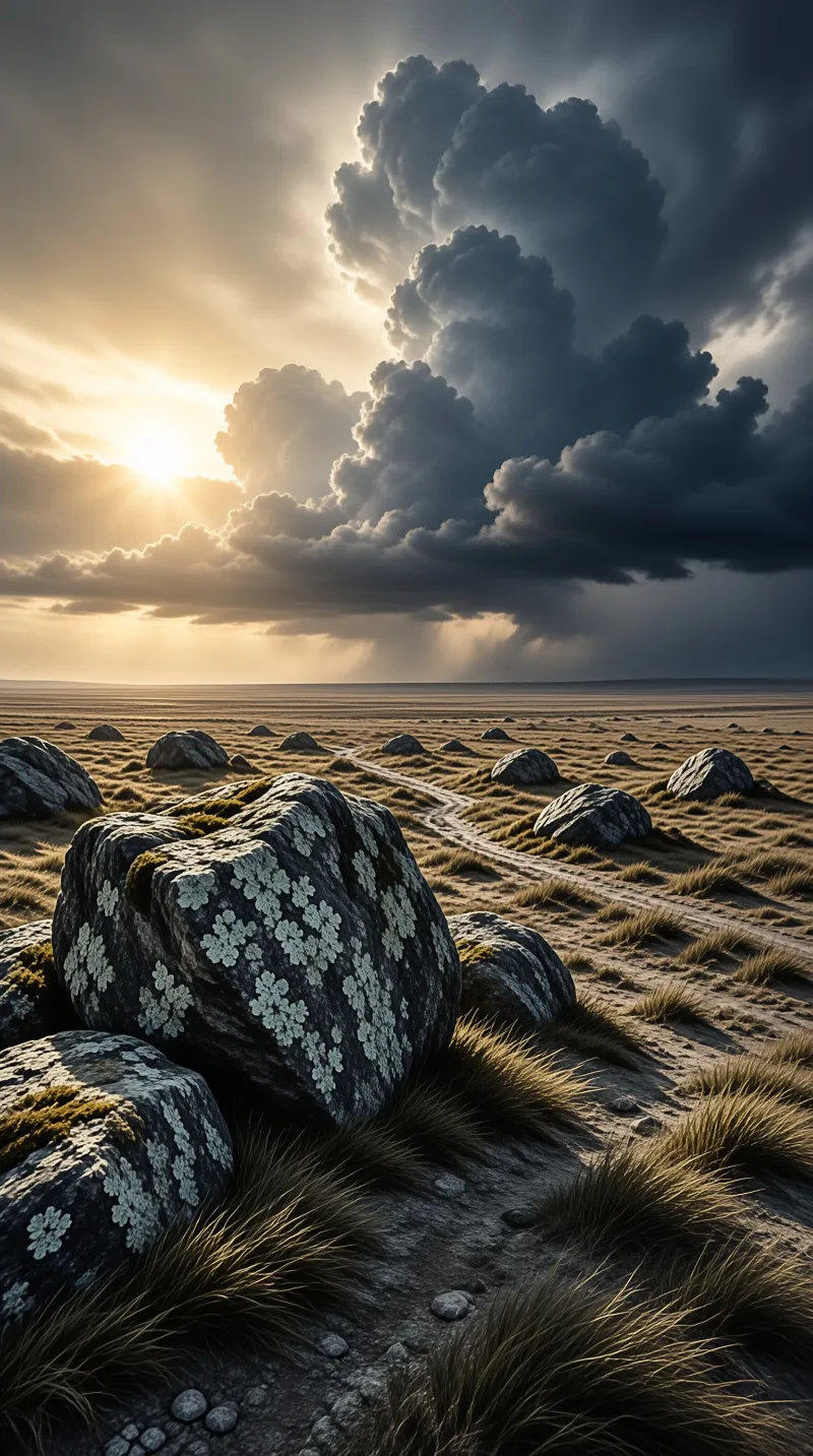 Mossy rocks sit in a grassy field while a dirt path winds toward the horizon where sun rays break through dark clouds.