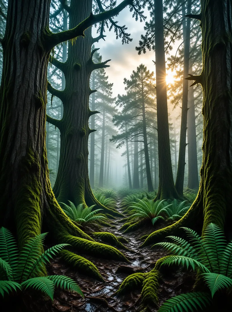Sunlit Misty Forest Path