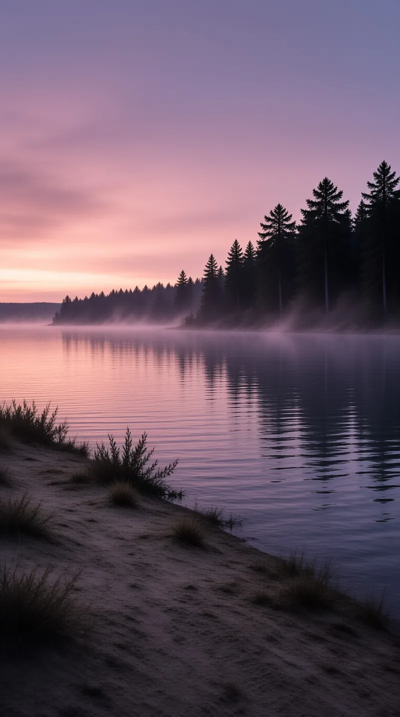Sunrise colors fill the sky above a misty lake reflecting the dark shapes of pine trees along the distant shoreline.