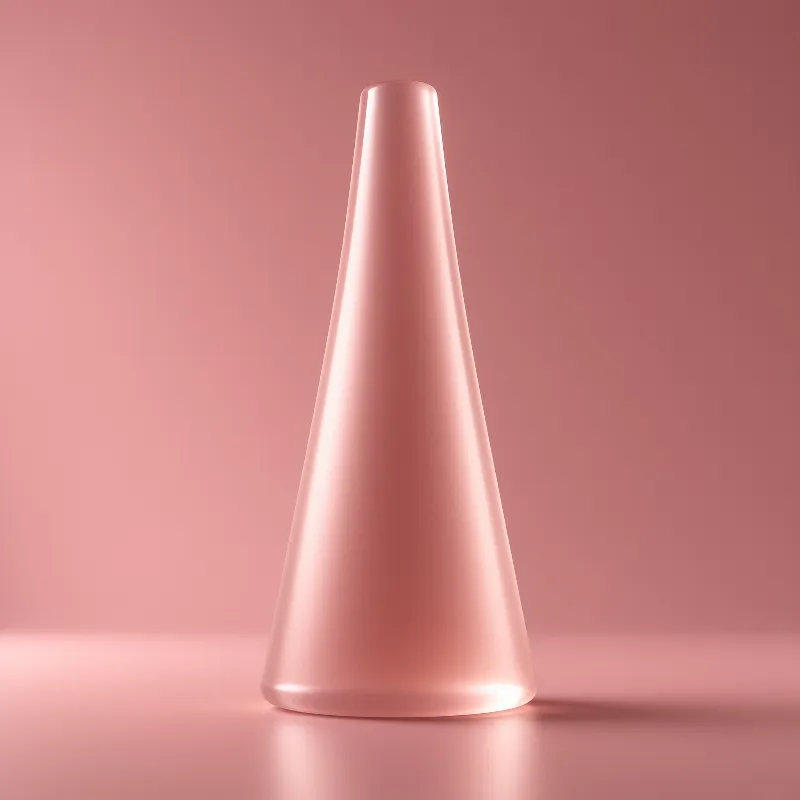 A tall pink cone with a rounded top stands on reflective pink surface in a pink room, lit from the left with soft highlights.