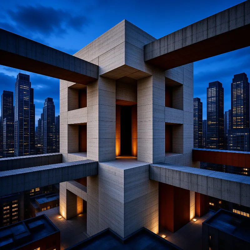 A massive concrete sculpture glows with warm orange light from within while skyscrapers rise under a blue twilight sky.