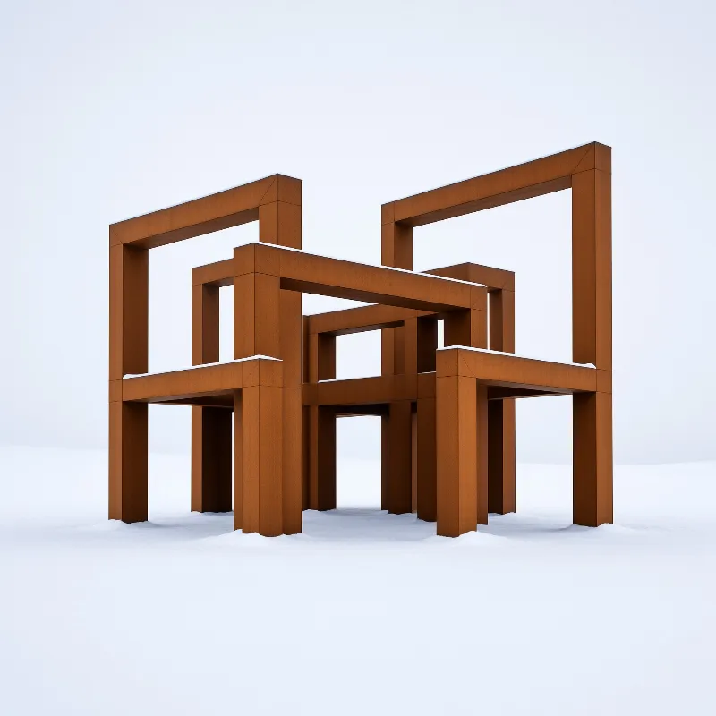 Interlocking rust-toned rectangular frames dusted with snow rise from a smooth white field under a pale sky.