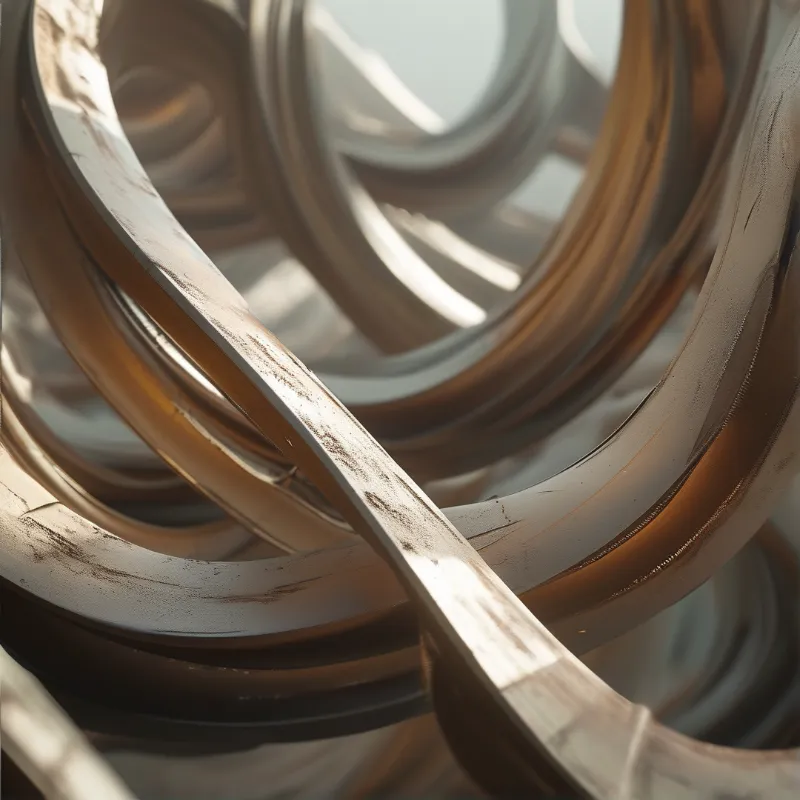 A close-up view of a spiraling metal staircase structure bathed in warm golden light with sharp shadows.