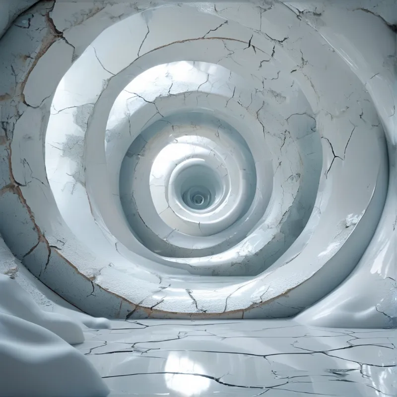A perspective view of a white tunnel featuring deep cracks and a bright light source at the distant center.