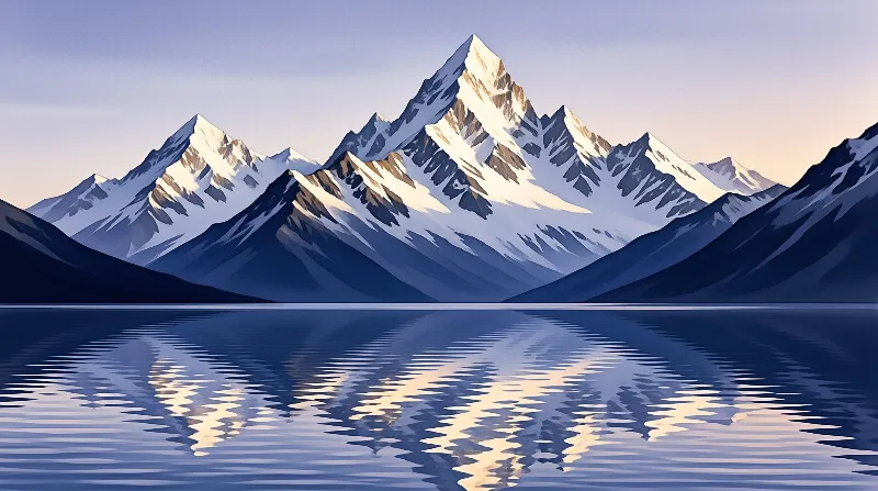 Snow-capped mountain peaks stand above a calm lake reflecting their shape in gentle water under warm low light