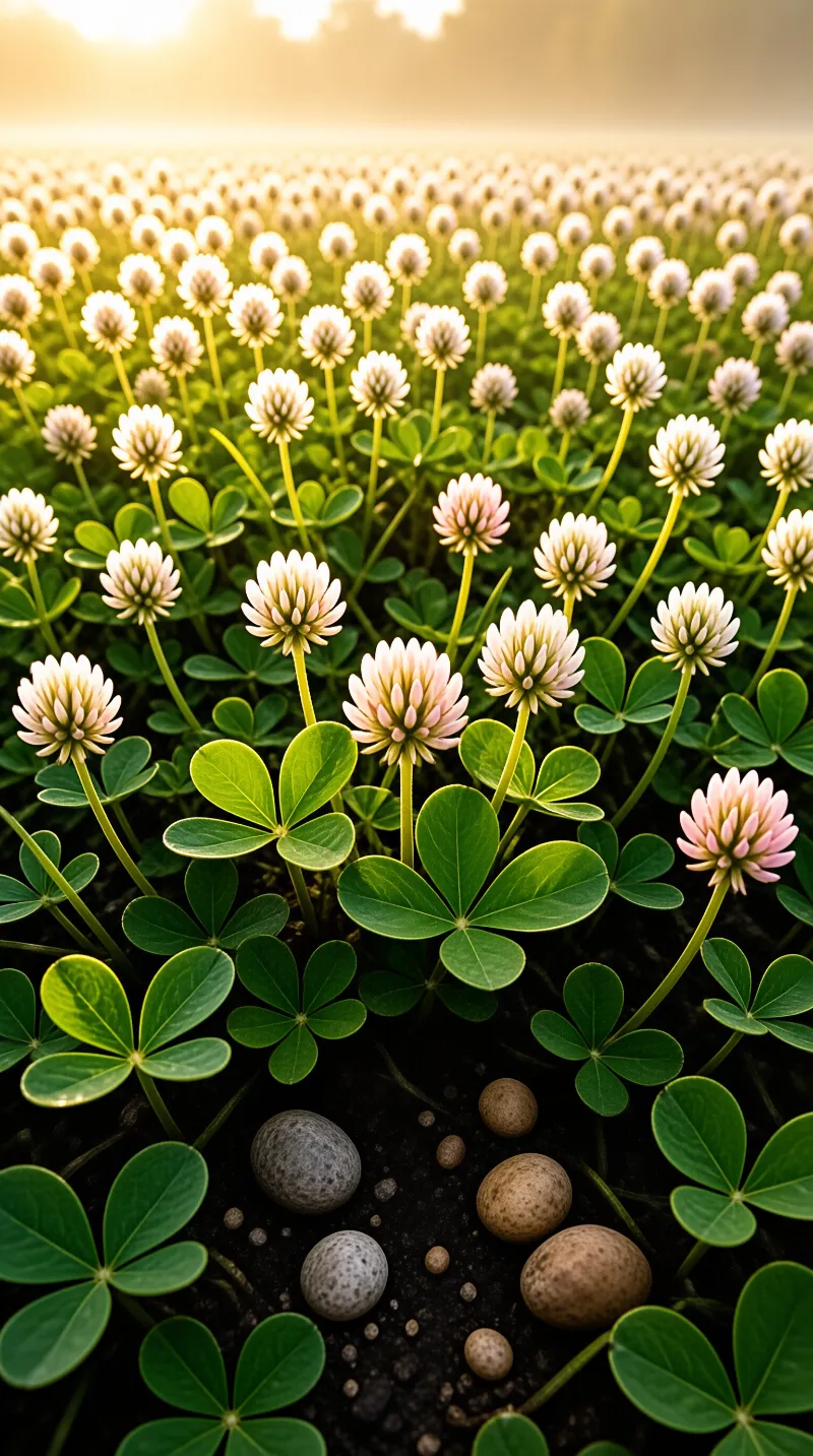 White clover blossoms fill a wide field that softens into a warm haze at sunrise