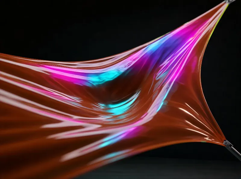 A close-up of a translucent, stretched material with vibrant cyan, magenta and purple hues reflecting against a dark background