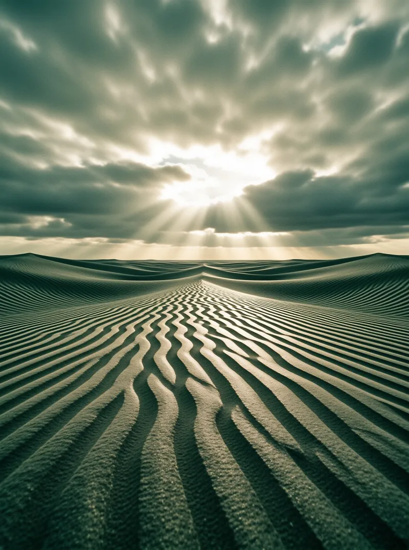 Rippled desert sand leads the eye toward a horizon where bright sunbeams pierce through heavy grey clouds.