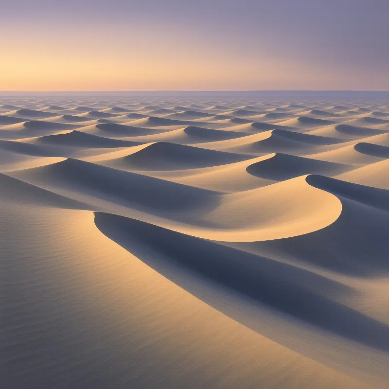 A vast desert landscape features rolling sand dunes bathed in warm golden light near the horizon.
