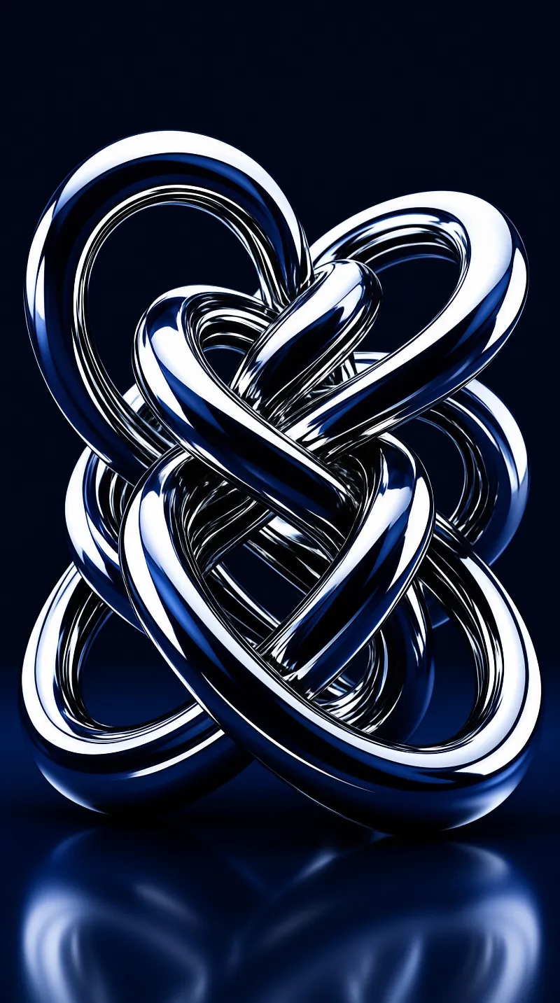 A glossy chrome knot intertwines above a reflective deep blue surface, bright highlights trace its curved edges.