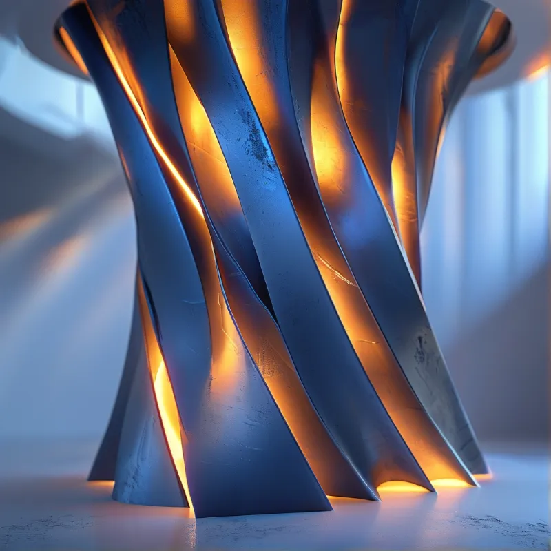 A twisted blue metallic structure stands against a soft background with bright orange light shining through its spiral gaps.