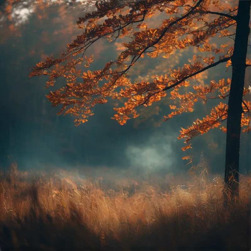 Orange leaves on a tree branch extend over tall golden grasses in a misty forest illuminated by soft sunlight.