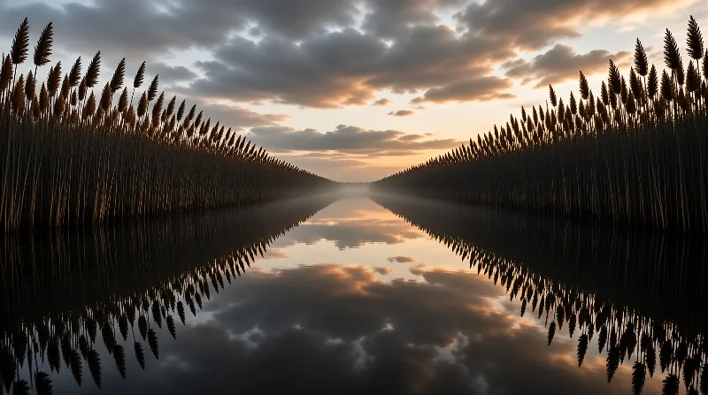 Dark reeds with feathery heads crowd both banks of a still channel that mirrors the orange and grey sunset sky.