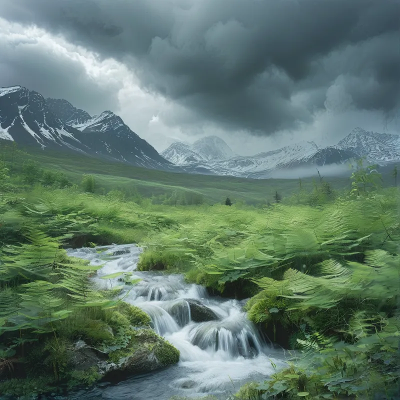 White water tumbles over mossy boulders in a green valley, with snow dusted peaks under a heavy storm sky.
