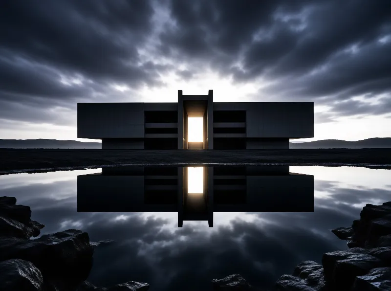 A dark geometric building stands on the shore with a bright vertical window glowing in the center while its silhouette is mirrored perfectly in the still water below under a cloudy sky.