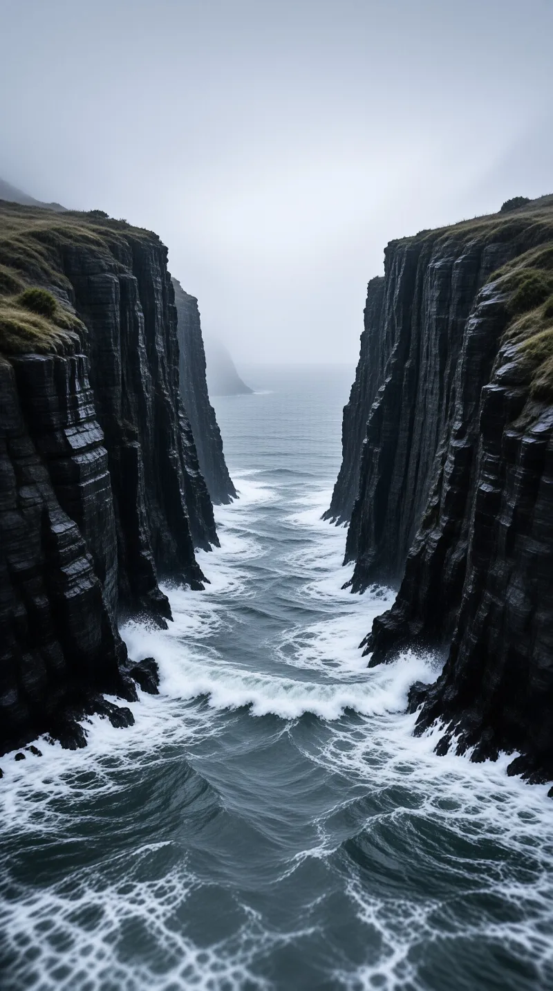 Towering layered black basalt cliffs frame a narrow strait of rippling dark blue ocean with white frothy surf, under a hazy overcast sky with distant land softened by fog.