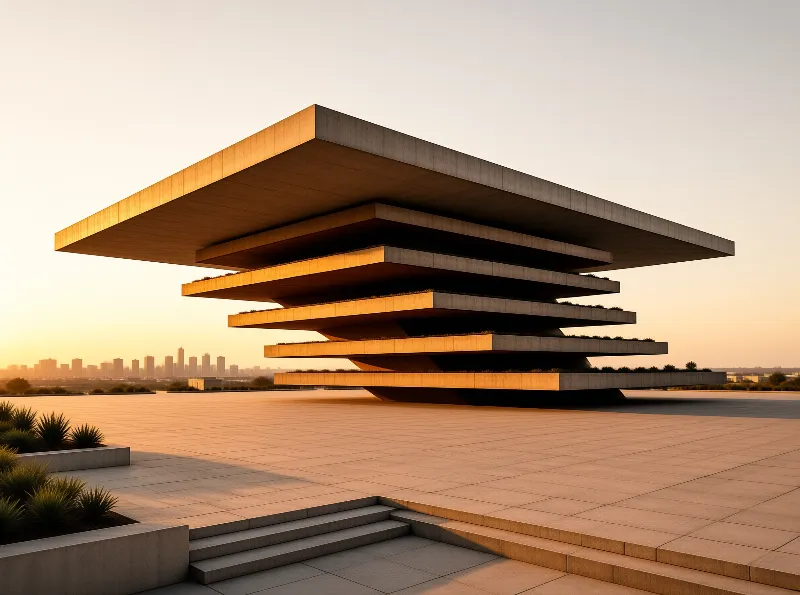 Stacked slabs widen upward into a top heavy monument on an empty plaza, their undersides warm with setting sun light.