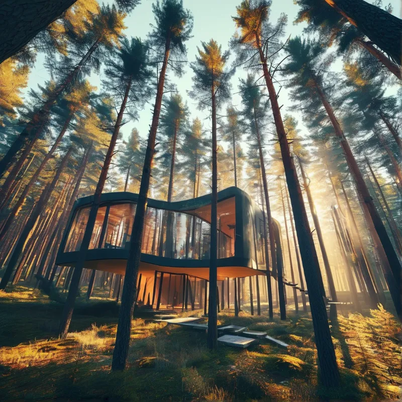 A modern glass pavilion stands elevated among tall pines, illuminated by warm golden sunlight filtering through the trees.