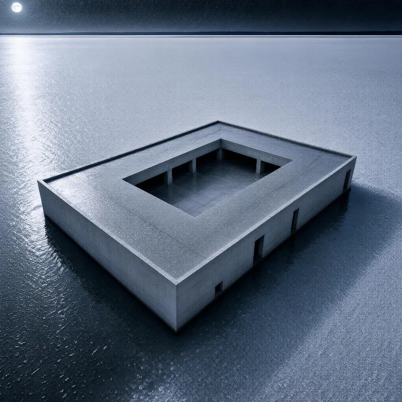 A concrete structure with a square inner courtyard sits partially submerged in calm water, surrounded by a moody, blue-toned landscape under soft light