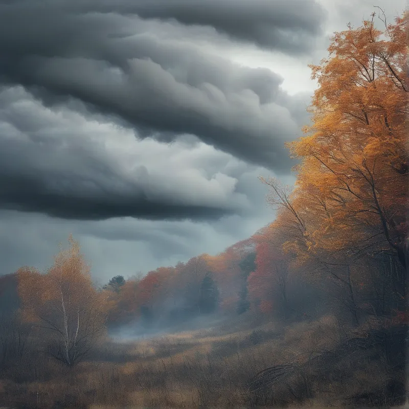 Autumn colored trees cover rolling hills under low dark storm clouds above a foggy valley floor.