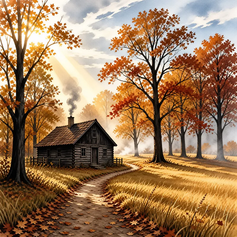 A dark log cabin stands in an autumn forest with golden sunlight streaming through the orange leaves and mist.