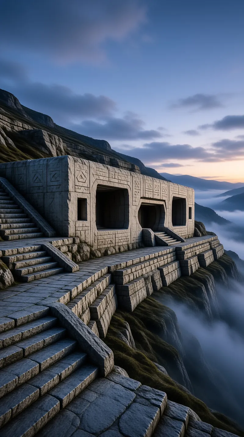 Stone complex with carved symbols perching on a high cliff edge overlooking a valley filled with fog and distant peaks.