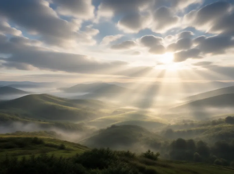 Sunlit Hills in Morning Mist