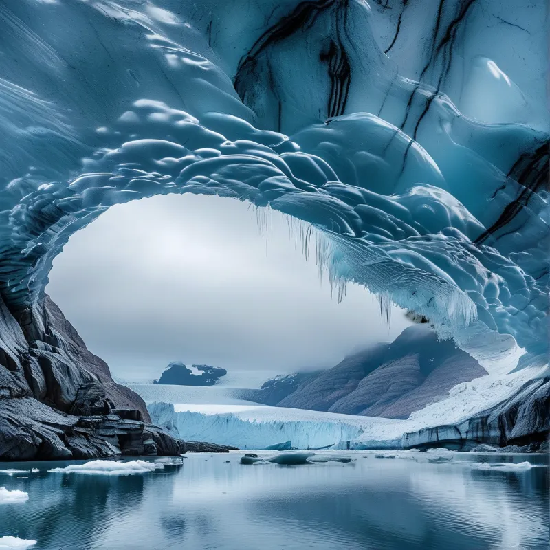 A large blue ice arch frames a view of a calm glacial lake surrounded by misty mountains and floating ice chunks.