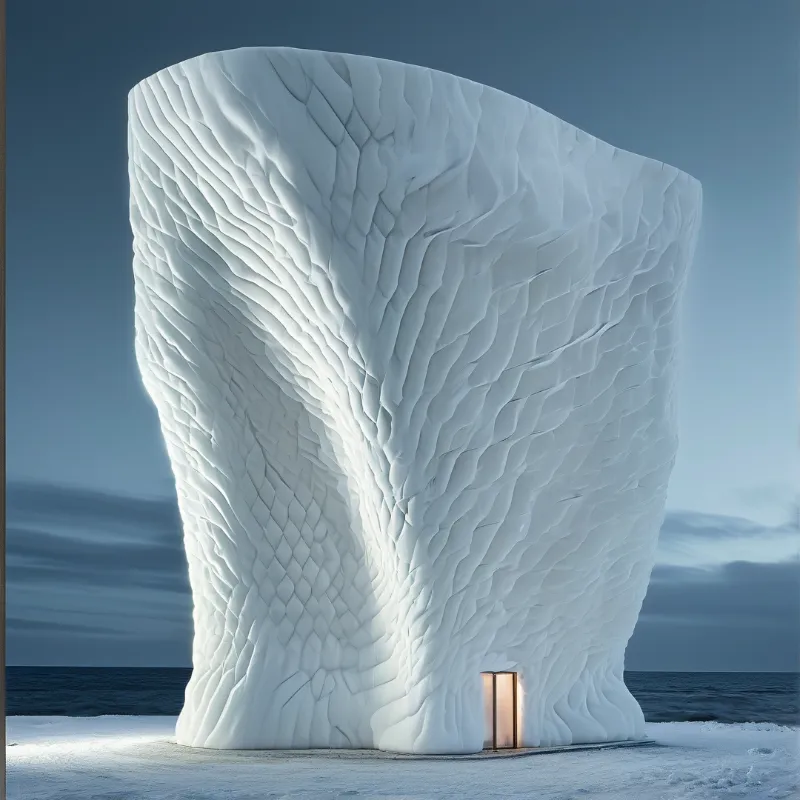 A ribbed white sculptural tower stands above dark arctic water with a warm amber doorway glowing at its base.