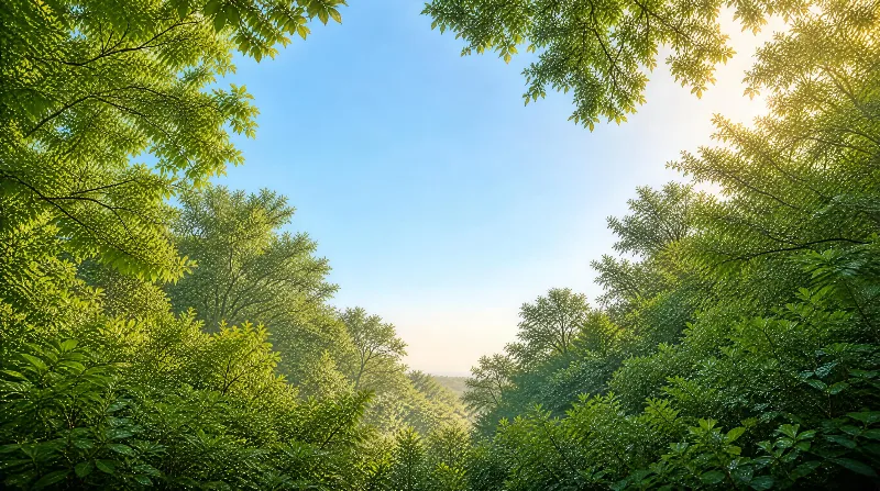A dense forest with tall trees forming a canopy, sunlight filtering through leaves onto lush green foliage beneath a clear blue sky