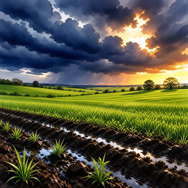 Rows of bright green shoots and rain puddles stretch toward farmland hills beneath breaking clouds.