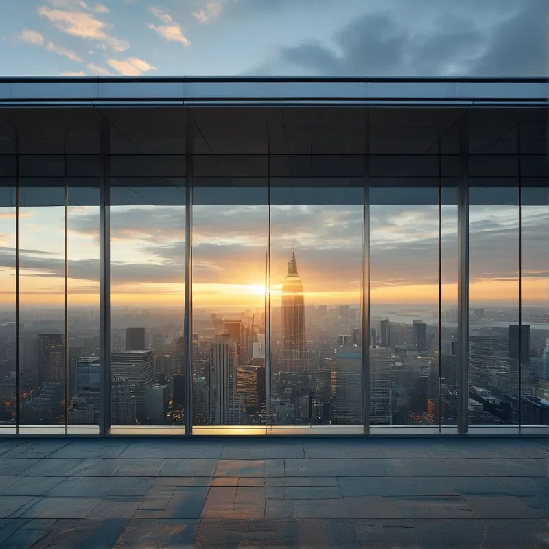 A panoramic view of a dense city skyline framed by large vertical glass window panes during a bright sunset