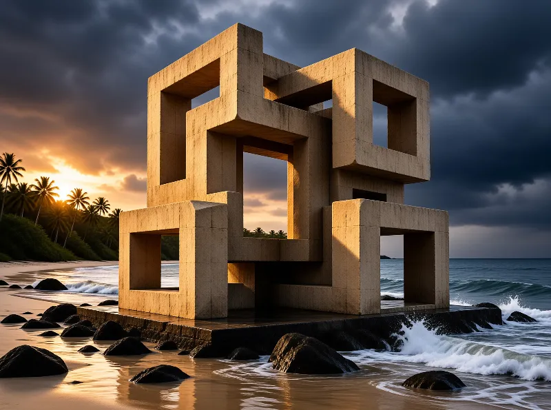 Interlocking stone frames stand on a dark plinth at the waterline as waves break around boulders under storm cloud.