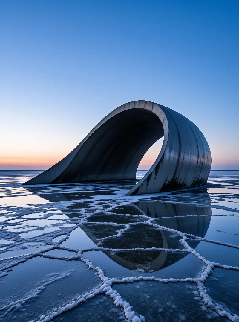 A curved concrete shell rises from a cracked salt flat surface under a twilight sky with orange horizon and reflection.