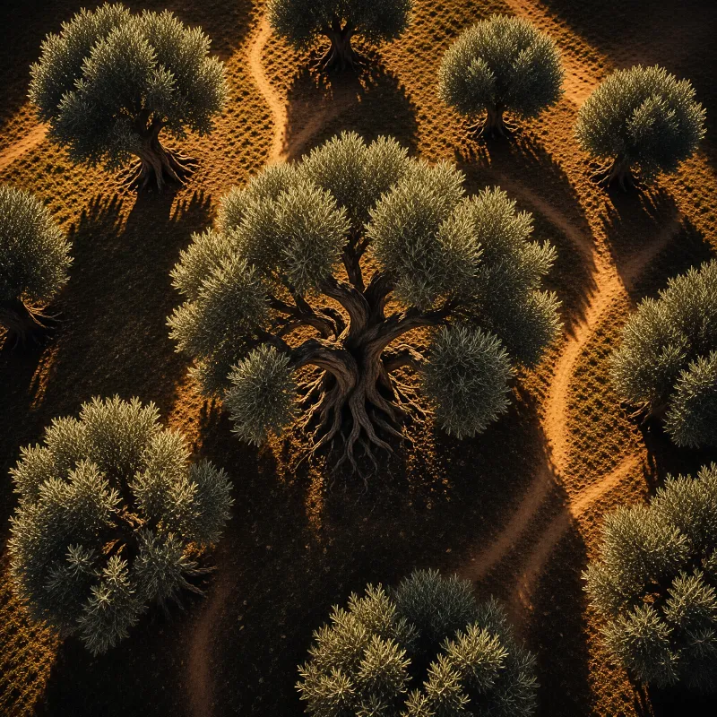 Aerial view of olive trees and a winding path under warm sunlight casting long shadows across the hillside.