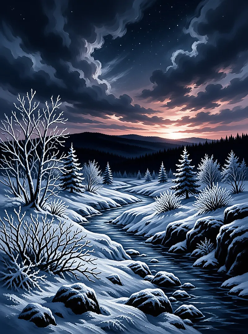 A river winds through a snowy landscape dotted with trees beneath a twilight sky glowing pink near the horizon.