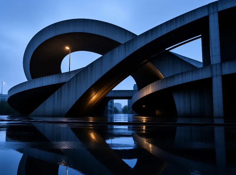 A sweeping concrete overpass loops against a deep blue dusk sky, its curves echoed in the wet pavement below.