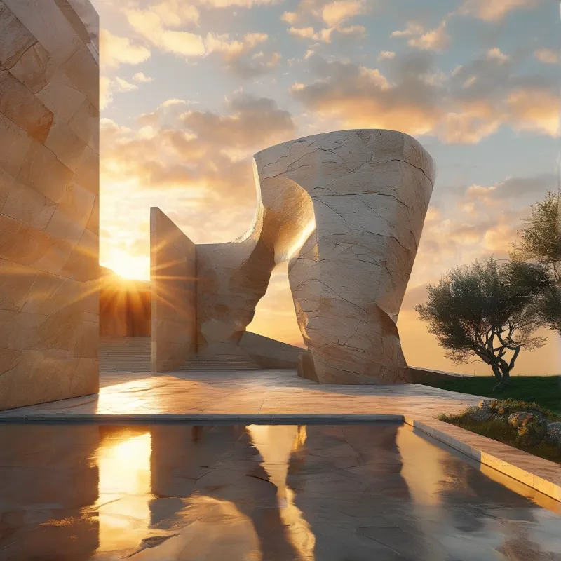 Curved blocks of pale stone rise around a mirror still pool that catches the last golden rays of a low sun.