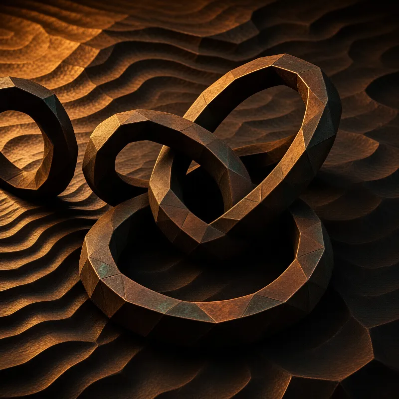 A faceted dark bronze ring twists above a rippled metallic ground bathed in warm directional lighting highlighting geometric facets.