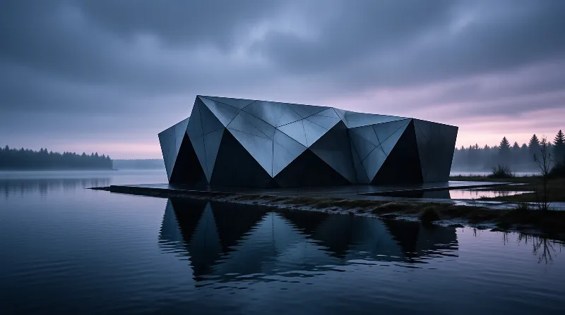 A dark angular structure with triangular facets stands in calm water reflecting its silhouette under a dusky purple sky.
