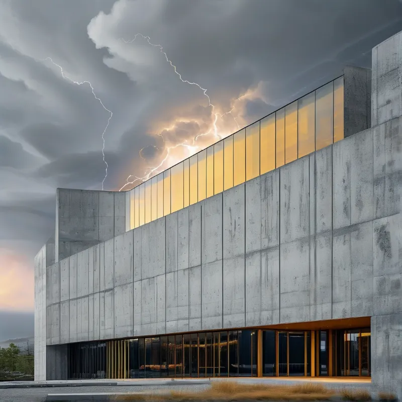 A massive grey concrete structure stands under dark clouds with bright lightning flashing behind its golden windows.