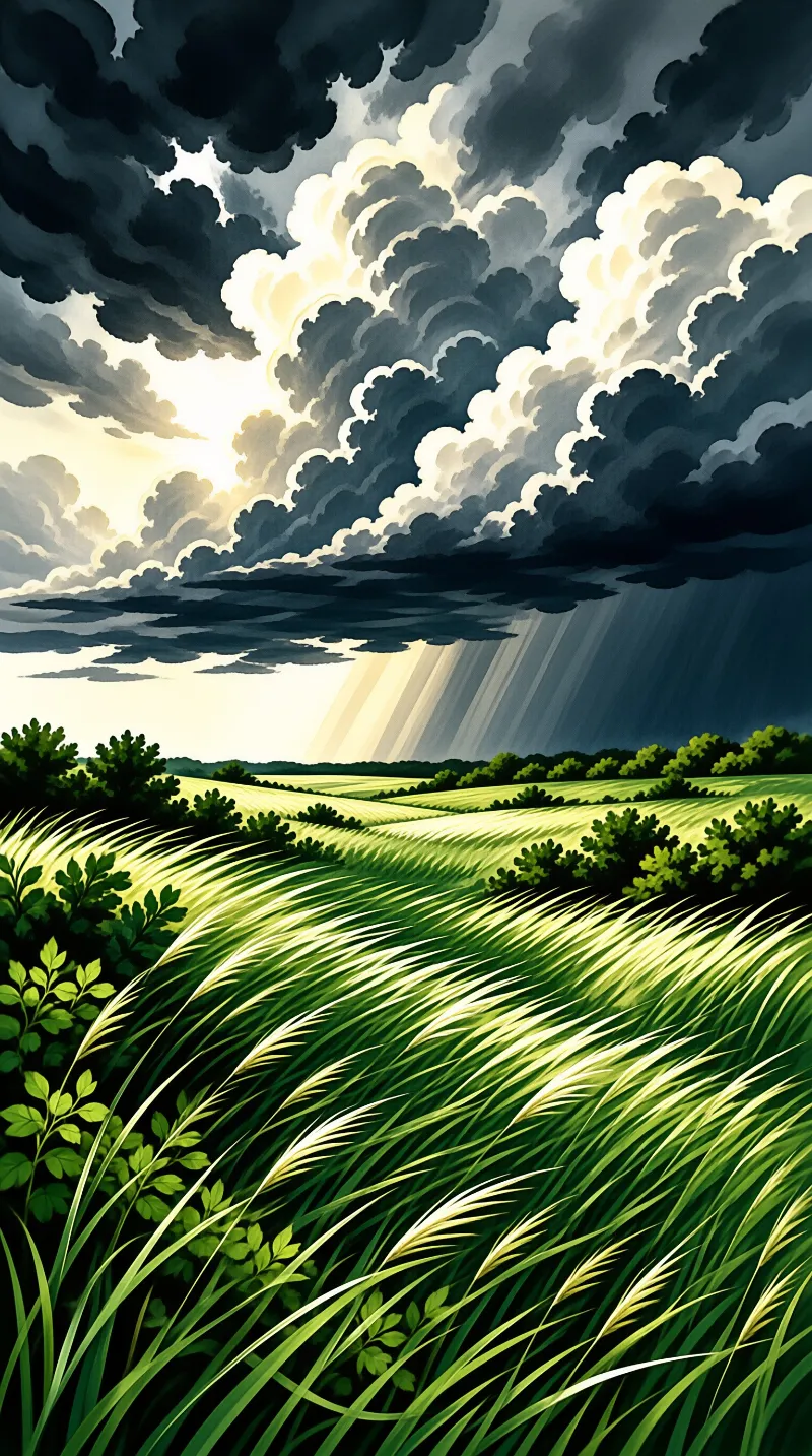 Rolling green fields and tall grass under a dramatic sky with dark clouds and sunbeams.