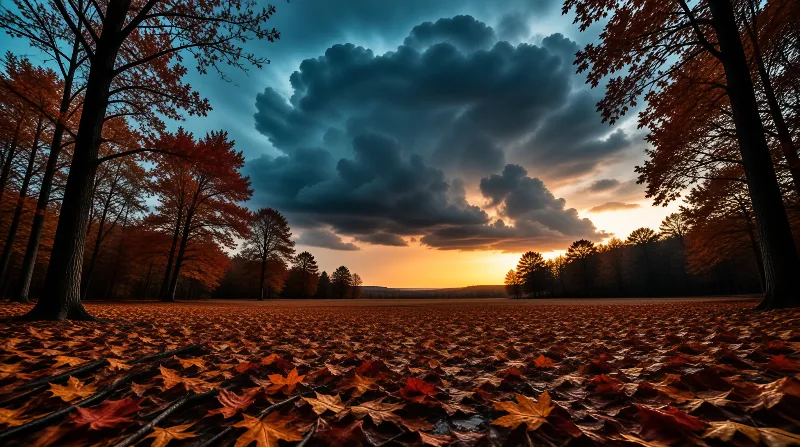 A forest clearing covered in orange leaves under a sky of dark clouds and bright sunset light.